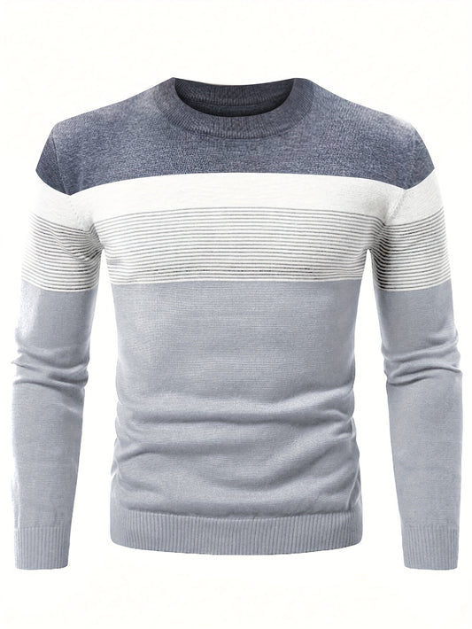 Cotton crew neck sweater for men with striped pattern, perfect for daily wear in fall/winter.