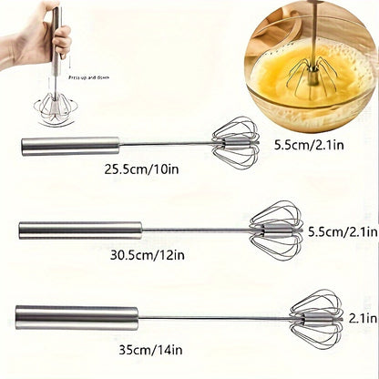 Stainless steel semi-automatic hand whisk for household mixing and baking, suitable for restaurant, food truck, or bakery use.