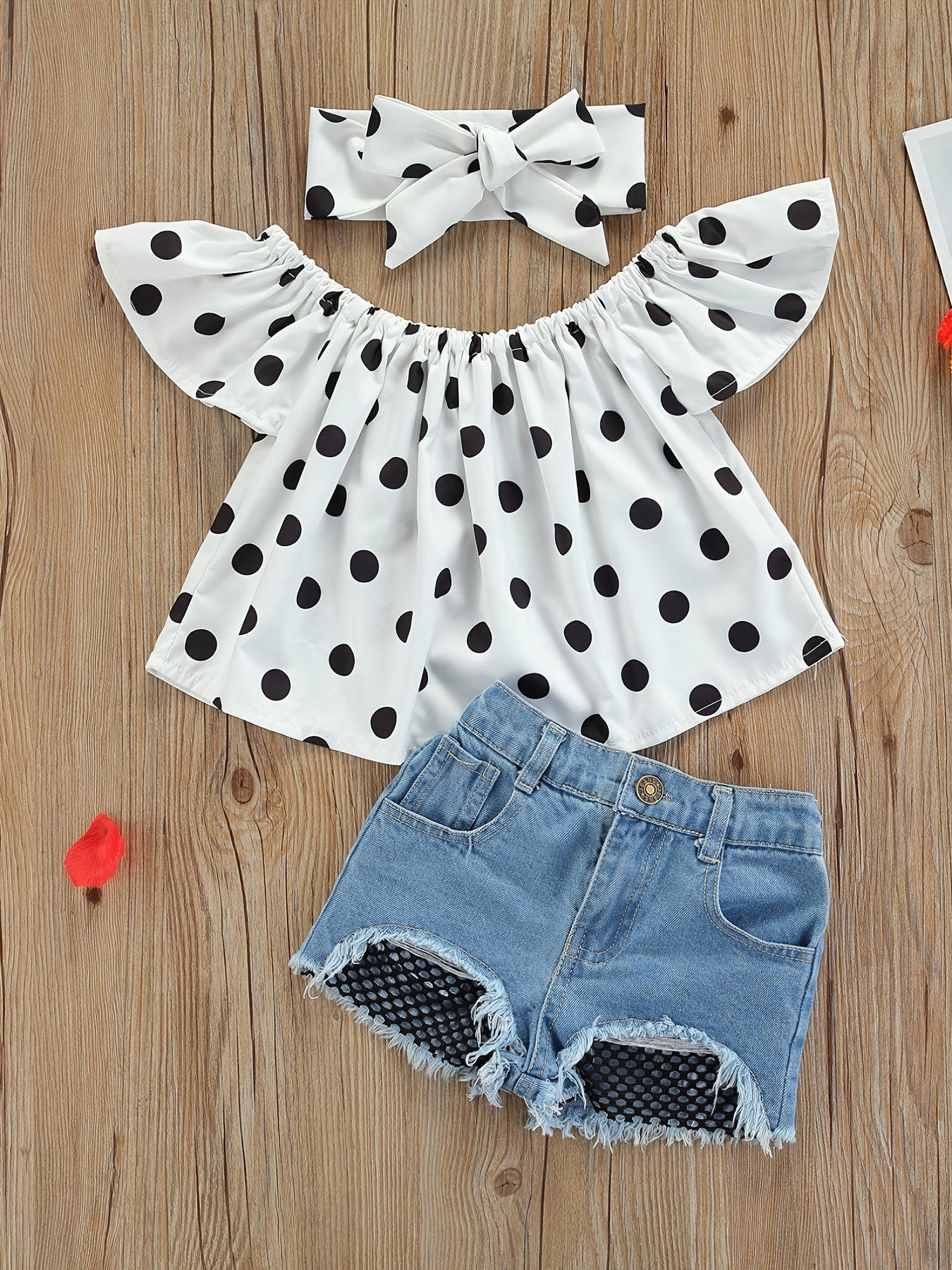 Baby girls polka dot crop top, denim shorts, and headband set for summer outdoor wear.