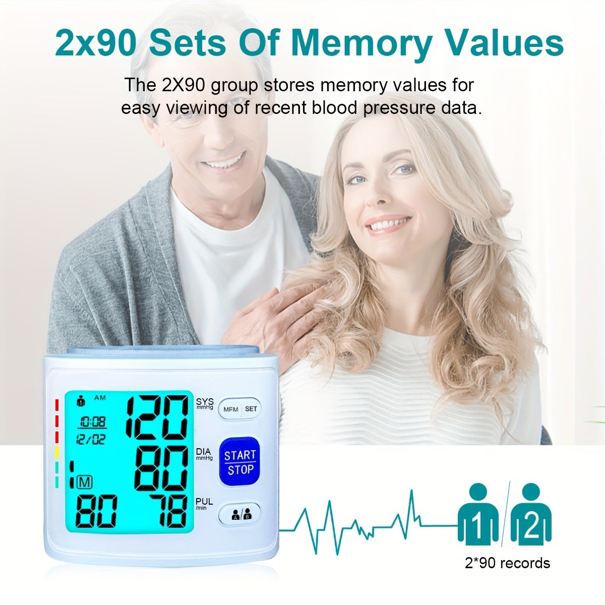 The ALPHAMED U60K Digital Wrist Blood Pressure Monitor is a sleek white and gray device with 2x90 readings. It is battery-powered with a start/stop function and includes a protective case.