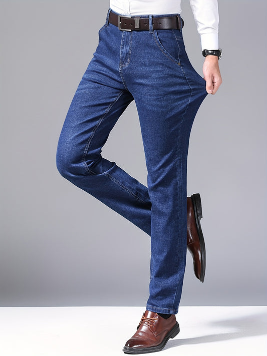 High-quality business casual denim pants for men, featuring a stretch comfort fit in a solid color washed finish. Made with all-season woven fabric of 65% cotton, 33.7% polyester, and 1.3%