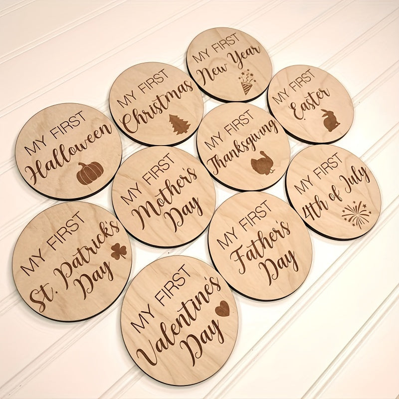 Capture your baby's growth with 10 wooden monthly milestone cards, complete with a light wooden photo disc for Halloween, Thanksgiving, and Christmas gifts.