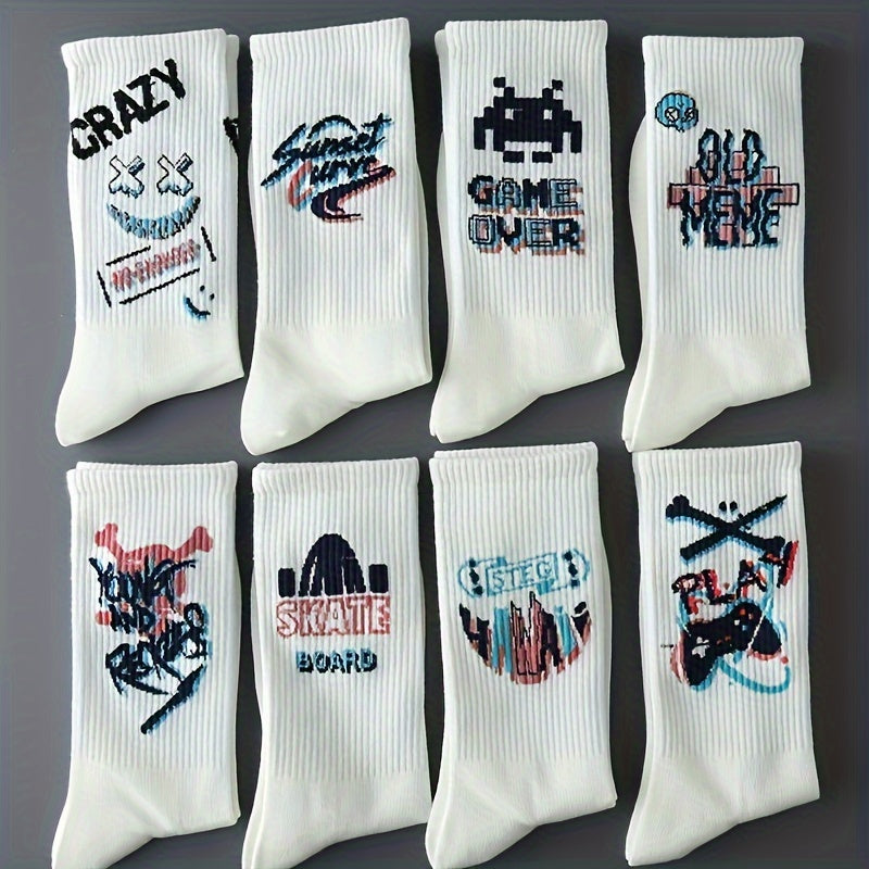 8 pairs of colorful crew socks with geometric patterns, soft polyester blend, stretchy spandex, knit fabric, perfect for skateboarding, basketball, and everyday wear.