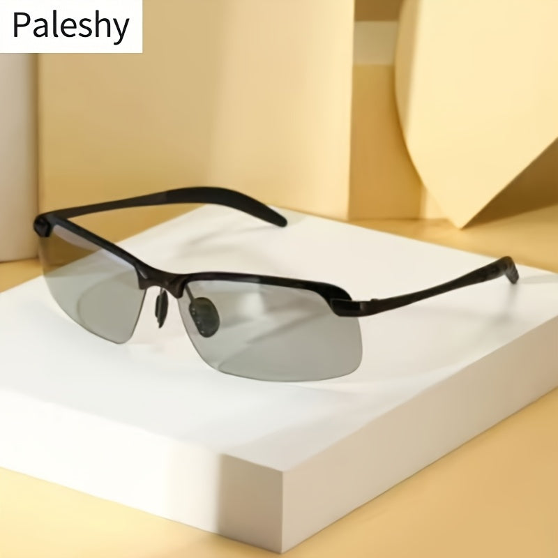 Unisex photochromic sunglasses with half-rim plastic frame, perfect for outdoor activities. Scratch-resistant.