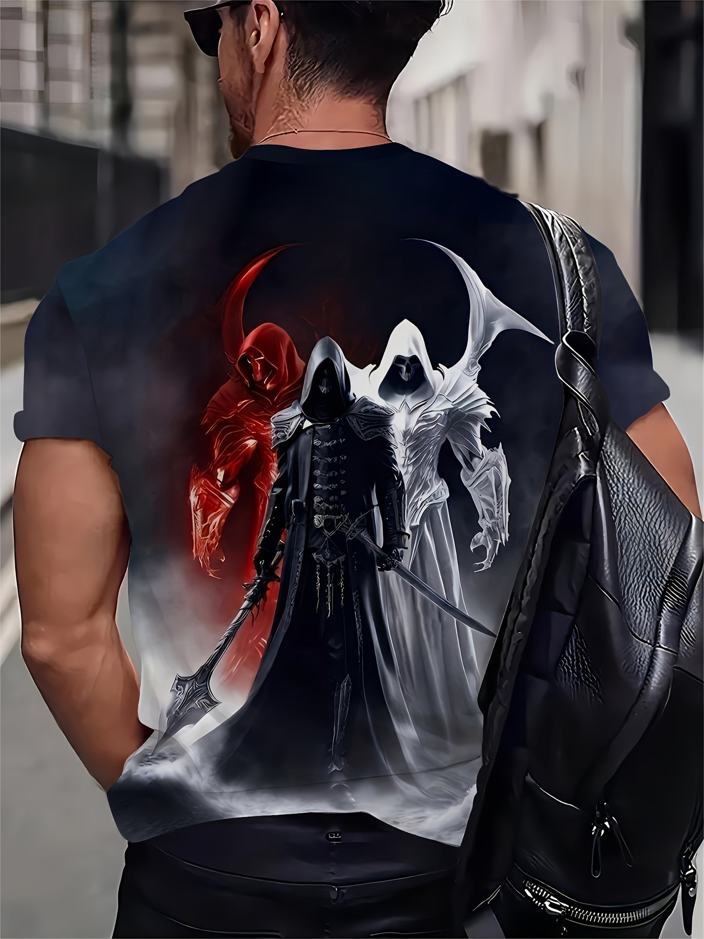 Grim Reaper graphic t-shirt for plus size men, made of comfortable, breathable polyester. Features full print design and round neckline, suitable for casual sports. Unisex adult top.