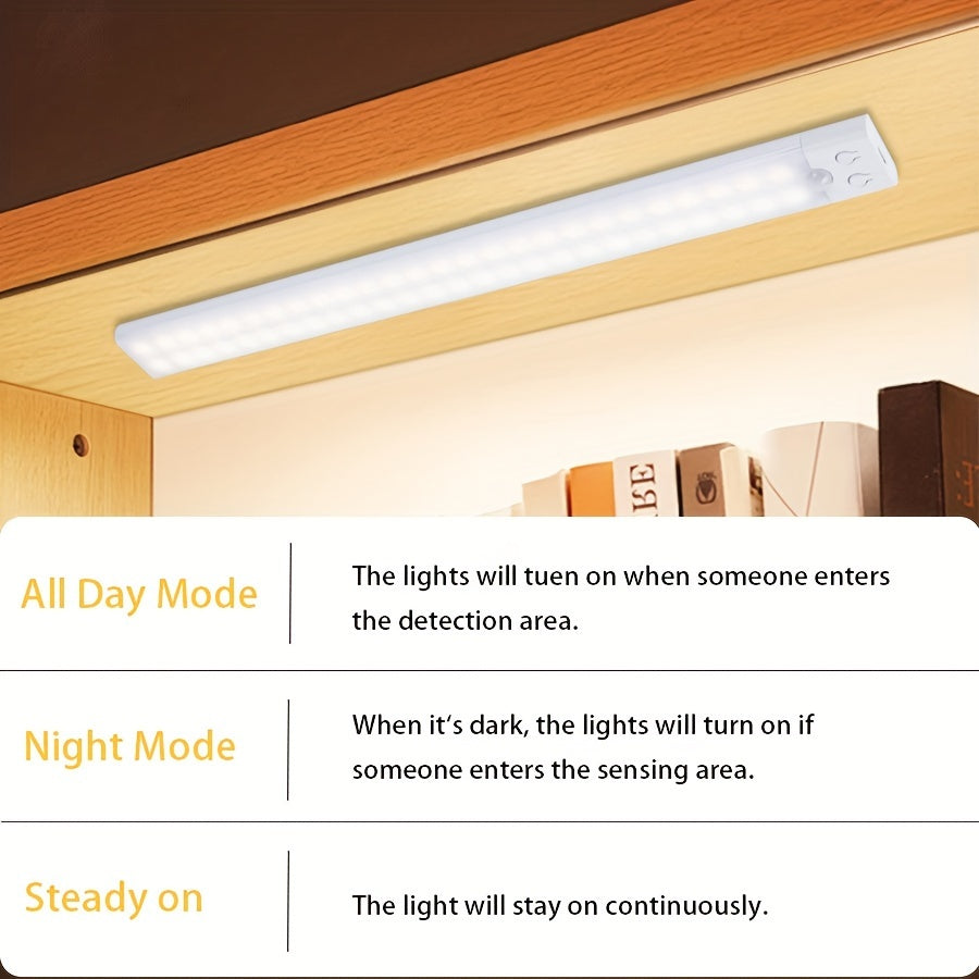 Rechargeable LED motion sensor wall light with adjustable lighting, button control, and infrared sensing. Great for cupboards, closets, and stairways.