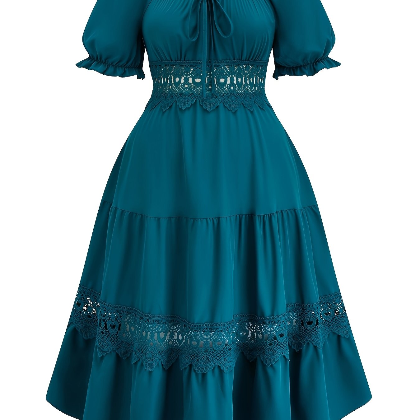 Stylish V-Neck Midi Dress with Lace Detail - Short Sleeve, Polyester & Spandex Blend, Ideal for Spring/Summer/Fall