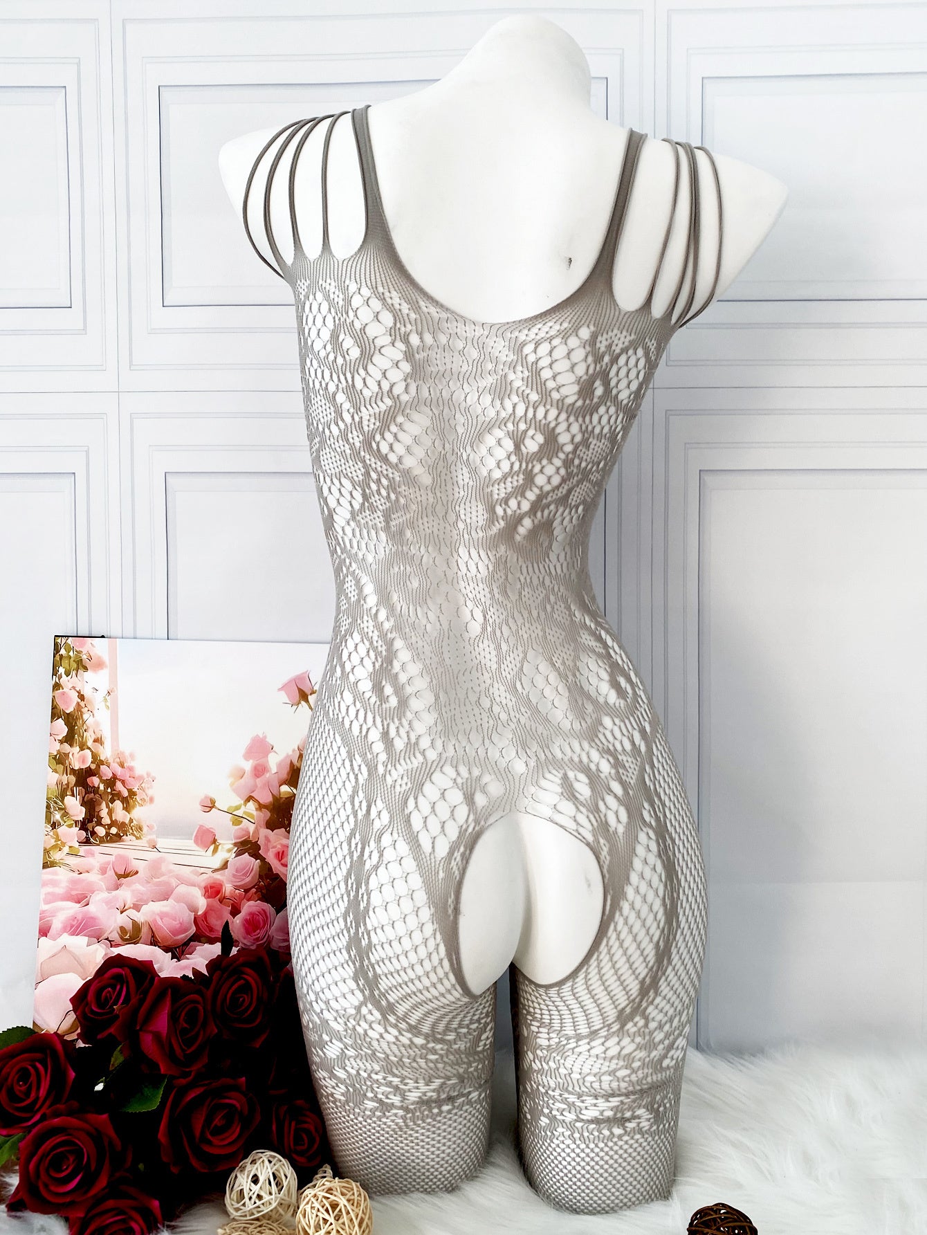 Sexy fishnet and jacquard bodystocking for intimate occasions like Valentine's Day or wedding nights.