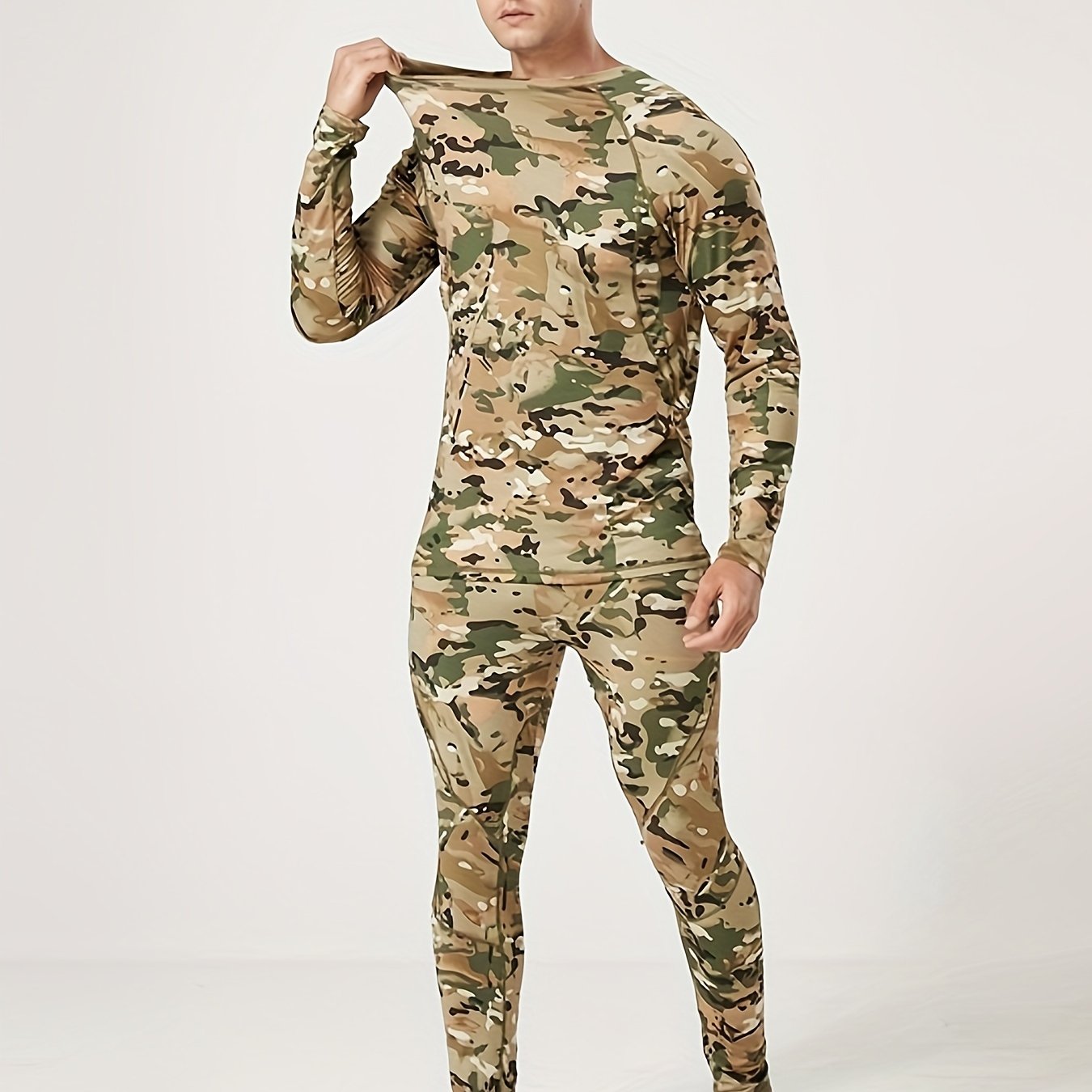 ESDY Men's Camouflage Thermal Underwear - 90% Polyester 10% Spandex, Long Sleeve Crew Neck, Skinny Fit, High Stretch Knit Fabric, Solid Color, for Hiking & Outdoor Activities, Fall/Winter