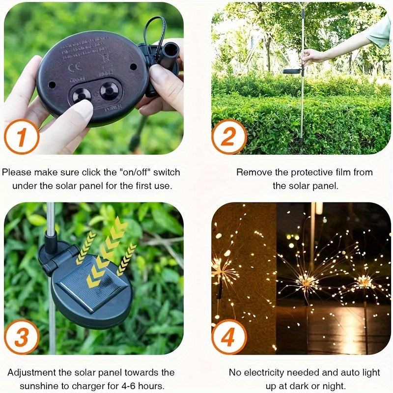 XinXiaoWu Solar LED lights with 8 modes, firework-style design for outdoor spaces, 200-350 lumens, IPX-4 rating, nickel battery, 36V.