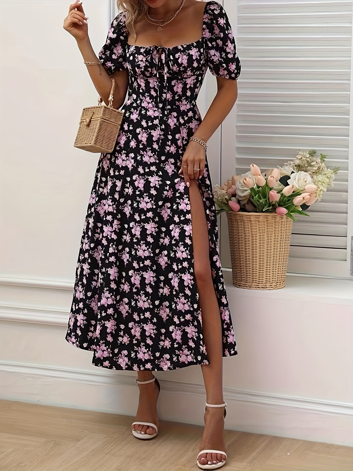 Floral print puff sleeve dress with split hem, perfect for spring & summer.