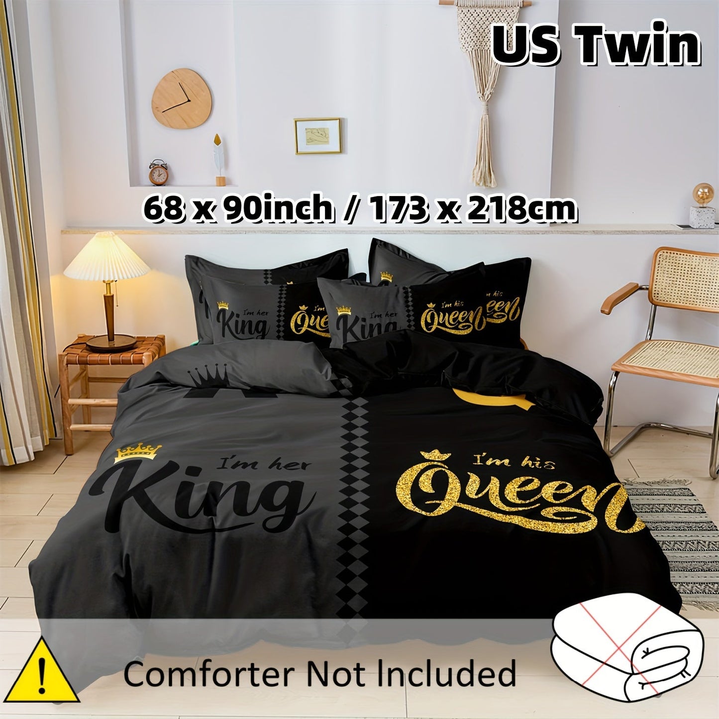 Valentine's Day Queen & King Crown Design Duvet Cover Set - 3 Piece Set, Printed Crown Design, Soft Polyester, Breathable, Machine Washable - Includes 1 Duvet Cover & 2 Pillowcases (Insert Not Included)