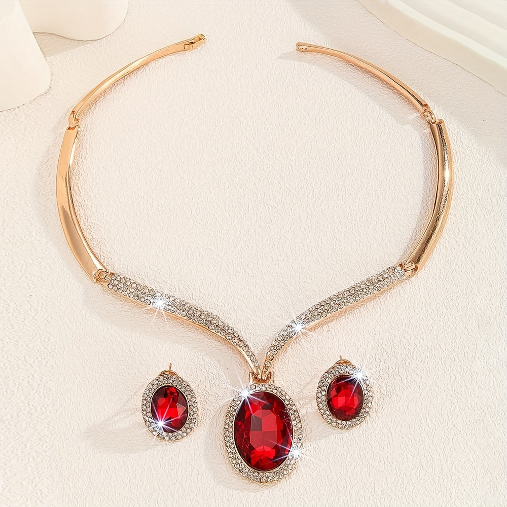 Luxurious 2-Piece Women's Jewelry Set in Middle Eastern Style featuring Red Sparkling Artificial Crystal Inlay. This set boasts an Exquisite and Elegant Design that is both Bold and Avant-garde. Perfect for Daily Wear, Parties, Weddings, and Festivals