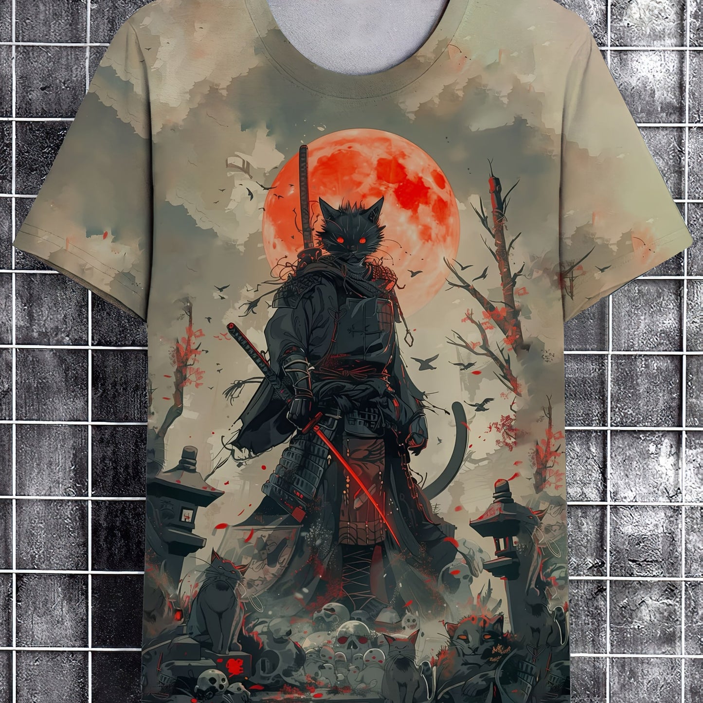 Men's Samurai ink painting pattern T-shirt, short-sleeve tee for summer streetwear.