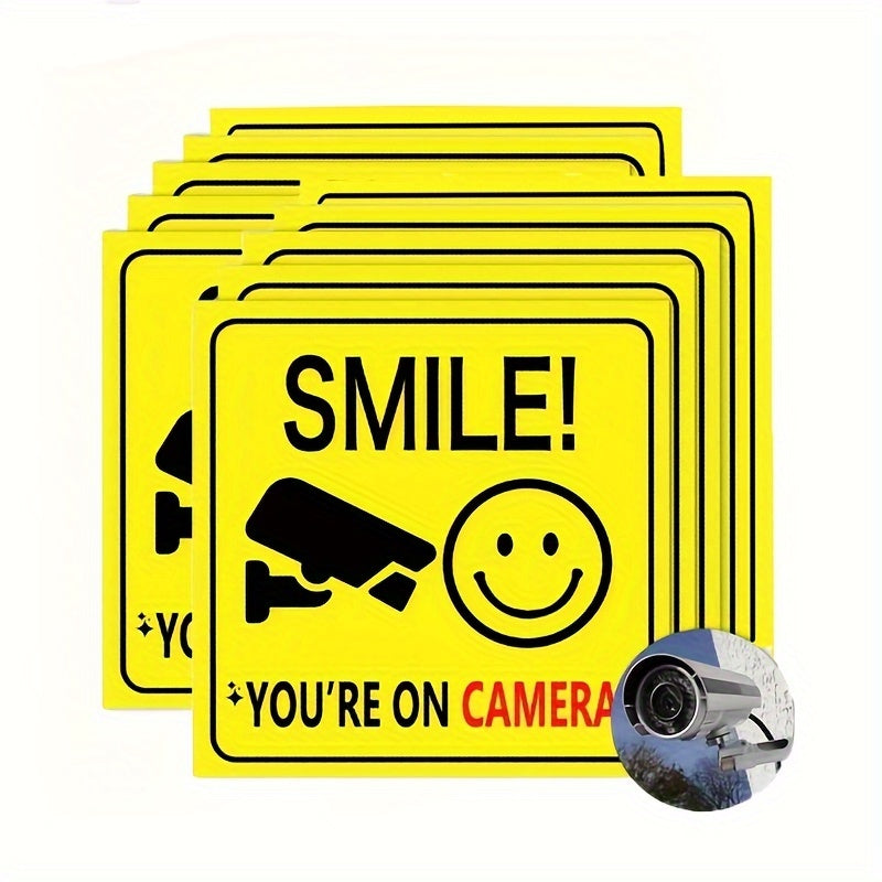 Set of 5 or 10 Smile You're On Camera window stickers for polite video surveillance security. Suitable for home, business, yard, driveway home decor.