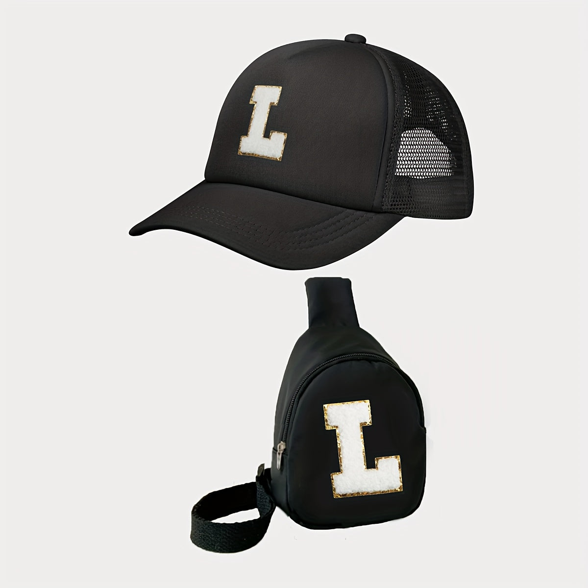 Children's Alphabet Baseball Cap and Shoulder Bag Set made of polyester material with a breathable, season-neutral design. Features a fitted cap with a buckle closure suitable for daily and