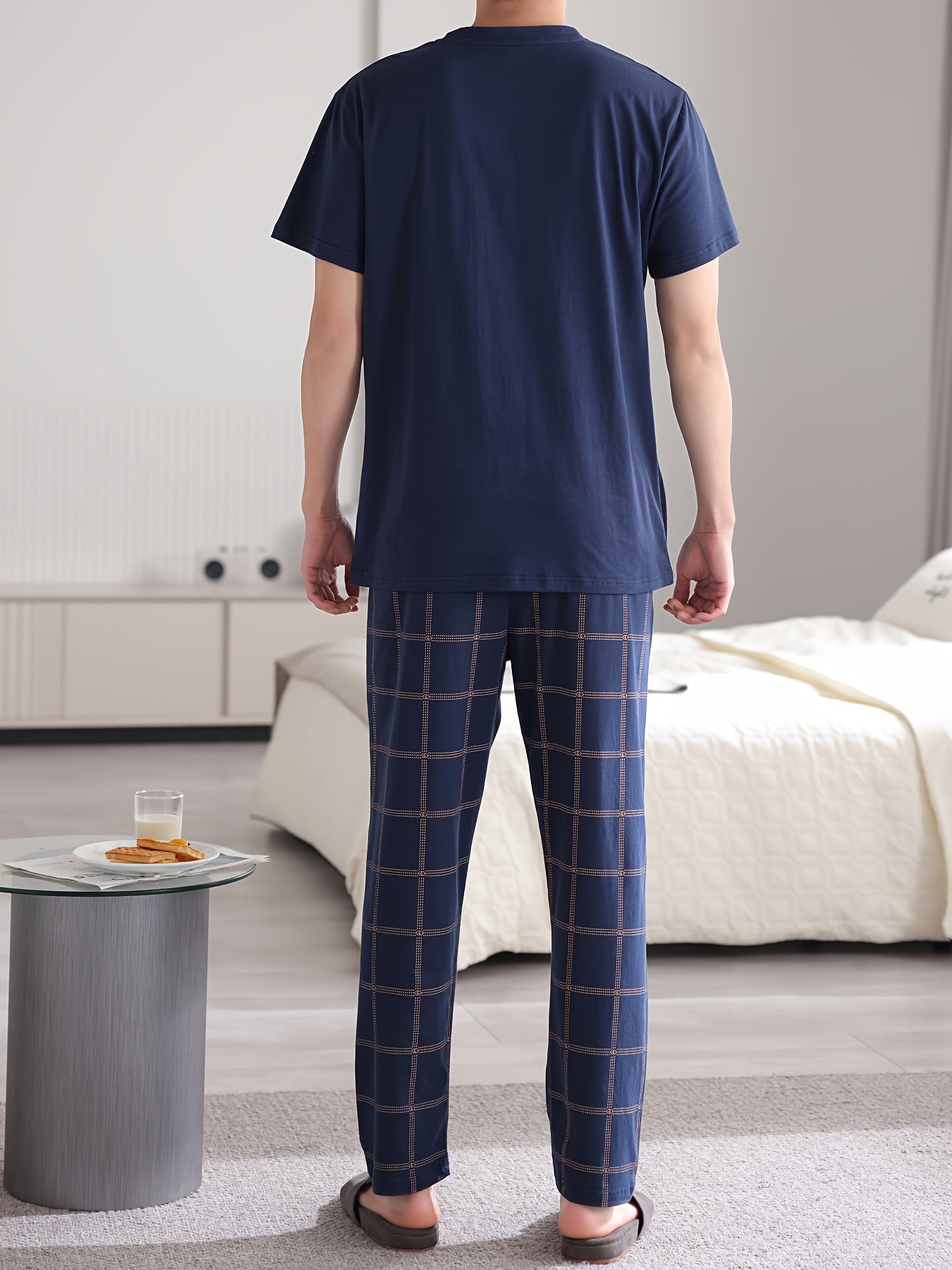 Men's Plus Size 2-Piece Cotton Pajama Set with Short Sleeve Shirt & Plaid Print Trousers, Cozy and Skin-friendly Loungewear