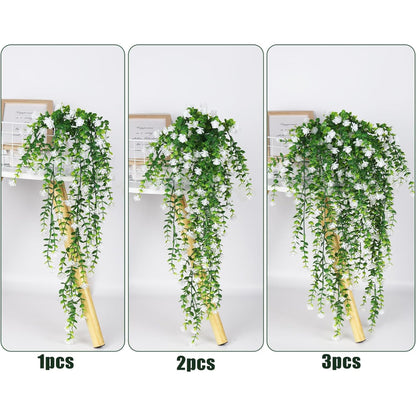 6 PCS UV resistant artificial hanging plants with detachable eucalyptus tea flowers. Perfect for indoor/outdoor walls, gardens, weddings, and home décor.