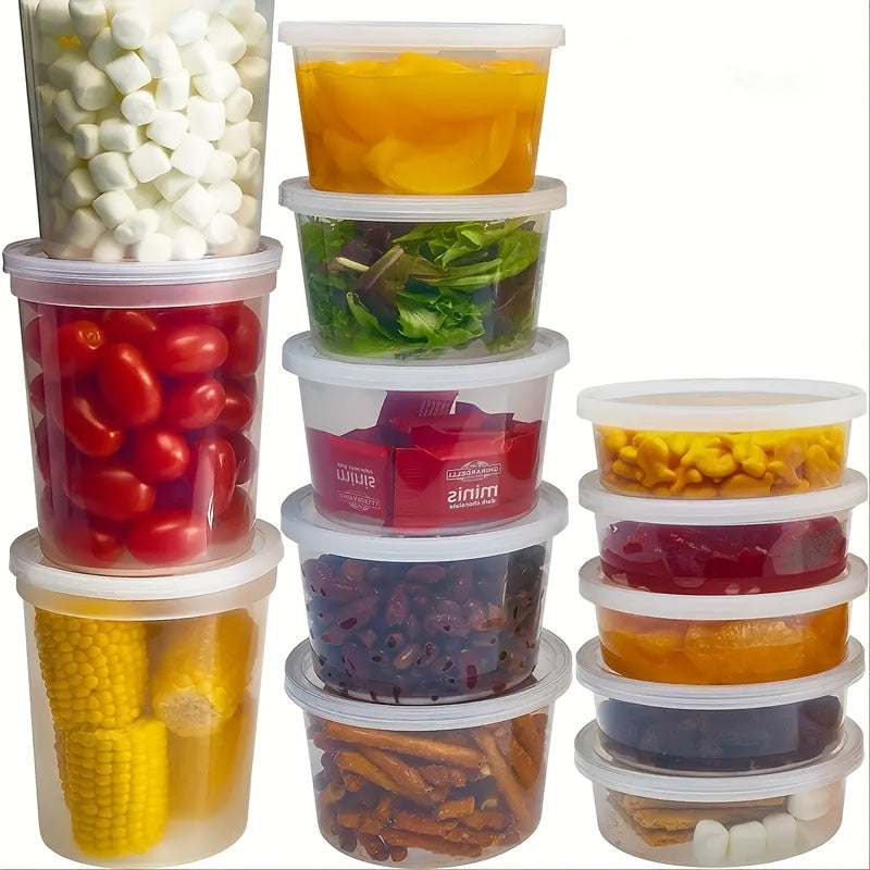 A 10-piece set of 24-ounce plastic food containers with lids that are perfect for freezing, dishwashing, and microwaving. These sealed food storage containers are ideal for storing soups and preparing takeout meals.