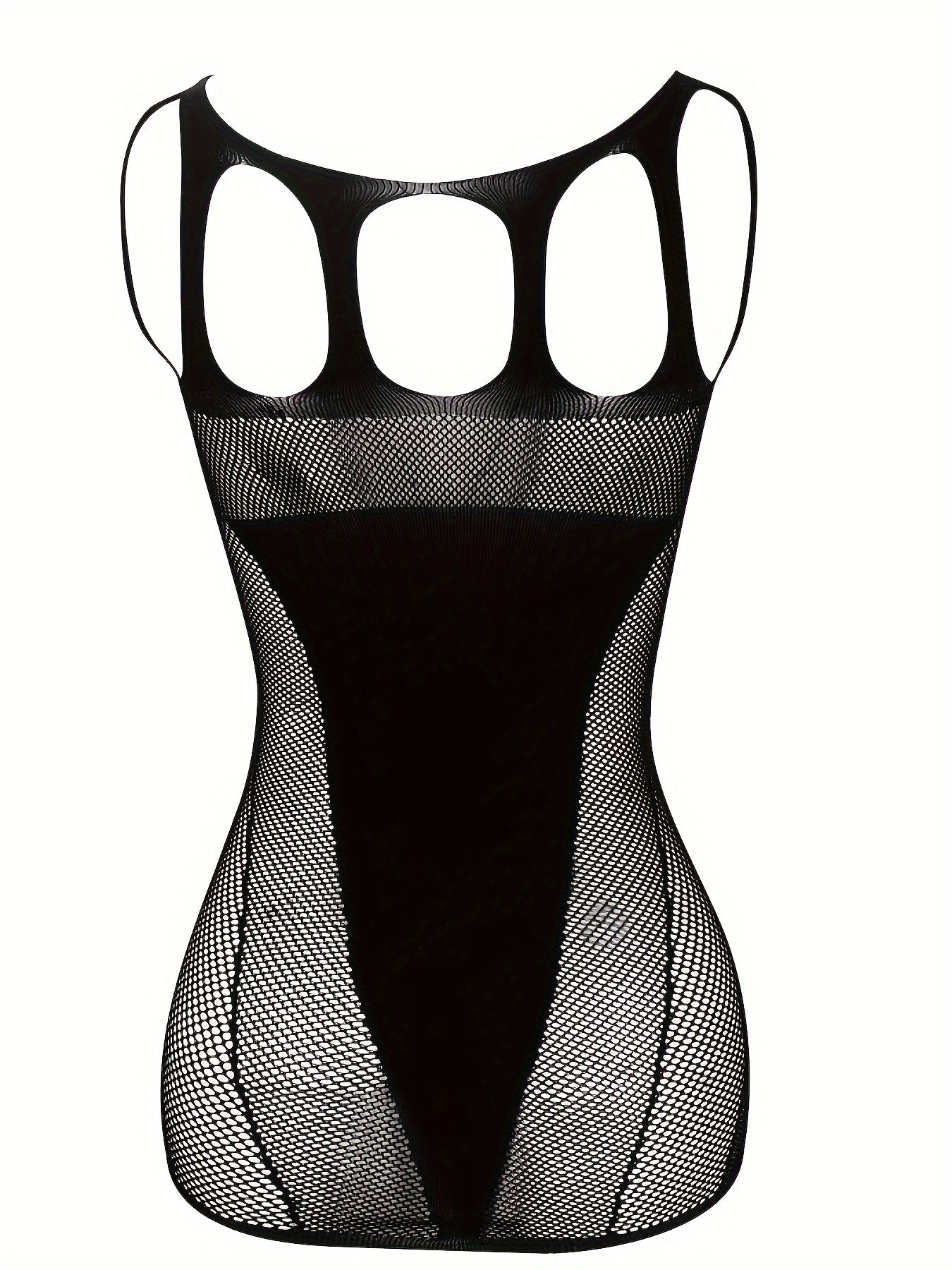 Sexy lace mesh fishnet teddy with spaghetti straps, bodycon dress with jacquard pattern and drawstring detail, made of nylon knit fabric, adult apparel.