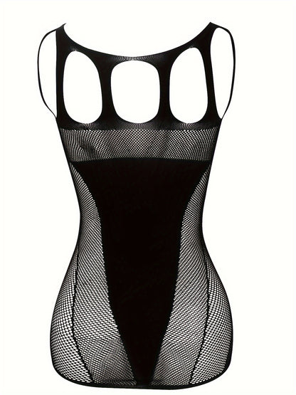 Sexy lace mesh fishnet teddy with spaghetti straps, bodycon dress with jacquard pattern and drawstring detail, made of nylon knit fabric, adult apparel.