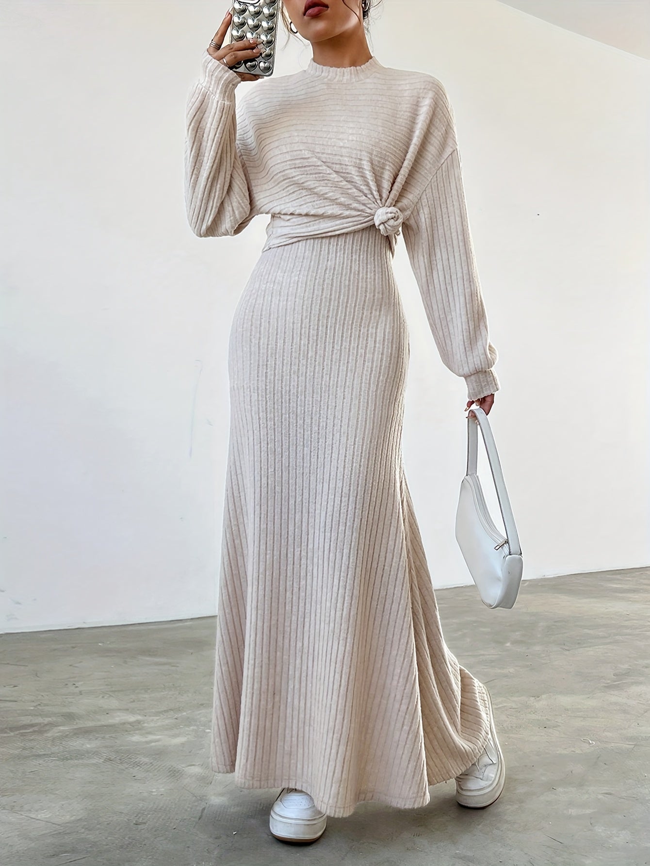 Solid color ribbed dress set with long sleeve cover up top and sleeveless tank dress, women's clothing.