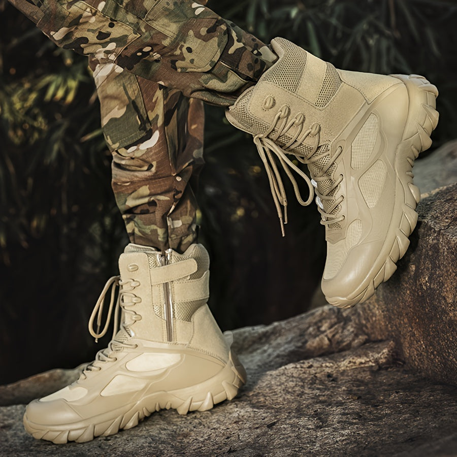 High-top tactical boots for men in beige stripe pattern, featuring a comfortable lace-up design with a non-slip EVA sole. Durable and versatile for outdoor adventures and casual wear