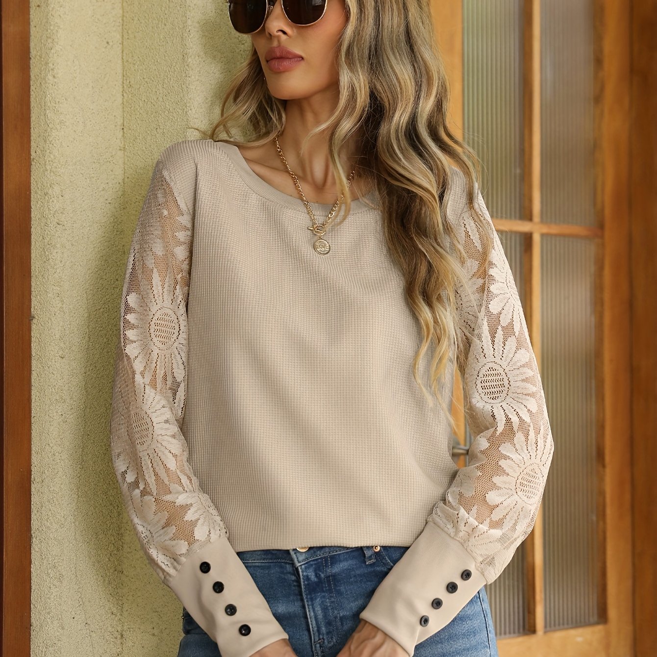 Elegant lace spliced T-shirt for women ideal for spring and fall.