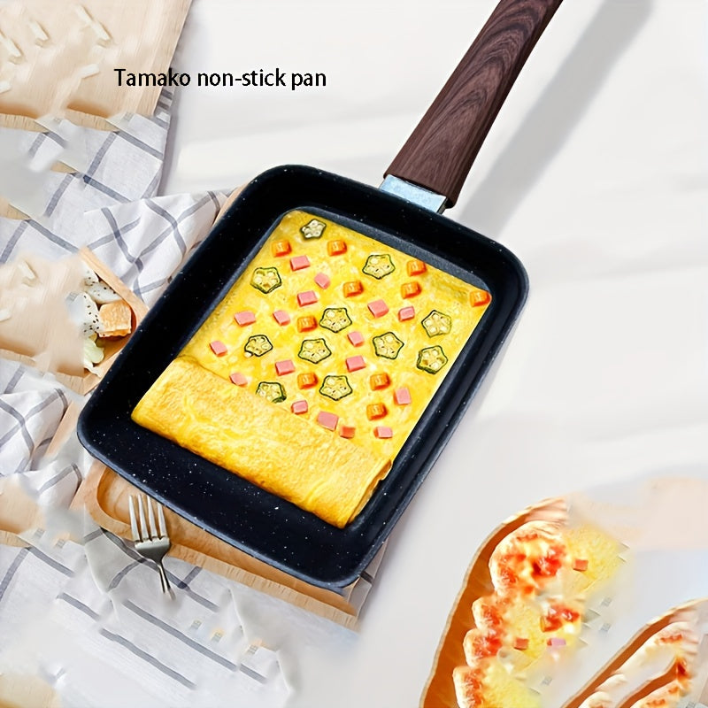 Non-stick Tamagoyaki Japanese omelette pan with imitation wood handle, perfect for frying eggs and cooking breakfast. This skillet is durable and hand wash only, making it an essential non-stick kitchenware item.