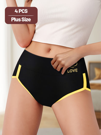 4pcs Plus Size Women's Panties - Comfortable mid-rise with tummy control and colorblock design, made from breathable polyester blend.