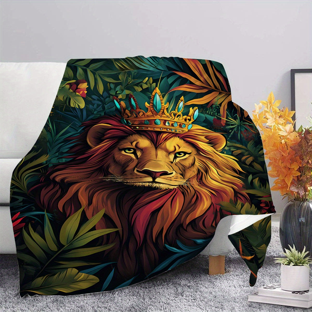 Get cozy with this contemporary style Jungle Lion Print Flannel Blanket! Perfect for all seasons, this soft throw is great for bed, sofa, or car. Made of digital print polyester, it is machine washable and weighs 200-250gsm. Makes an ideal gift for