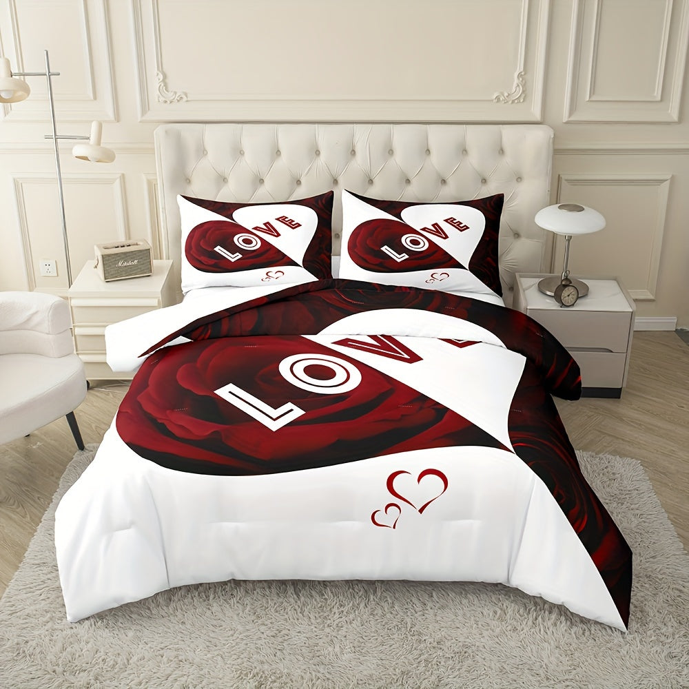 Soft & Cozy Love Heart Duvet Cover Set - Includes 1 Duvet Cover and 2 Pillowcases made of breathable polyester with zip closure, machine washable, ideal for all seasons.