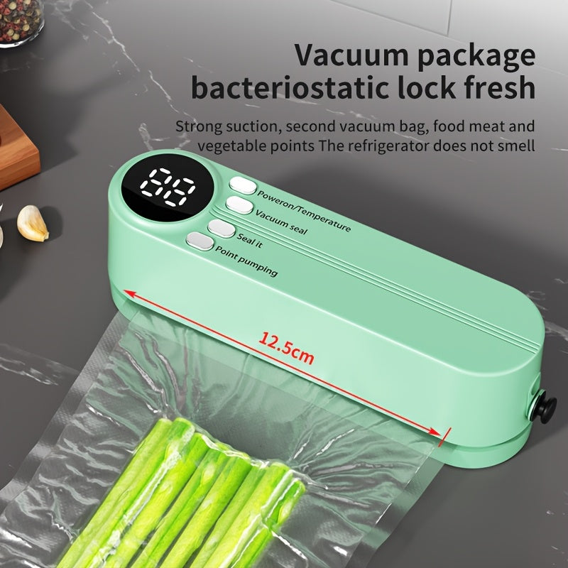 USB rechargeable vacuum sealer with LED indicator, powerful suction, automatic food saver with cutter & bags for dry/moist modes. Compact kitchen appliance for optimal food preservation