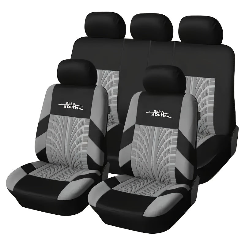 Durable polyester car seat covers for 5-seater vehicles with stylish red/black or blue/black patterns, suitable for cars, trucks, and SUVs. Easy to wash by hand or dry clean.