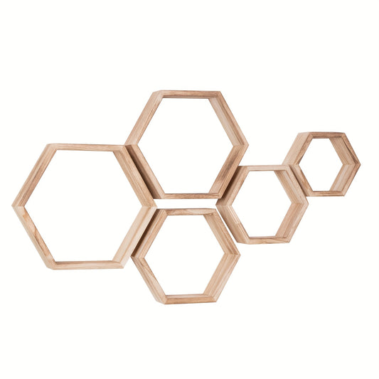 Hexagon floating shelves with driftwood finish for wall storage in bathroom, bedroom, or living room.