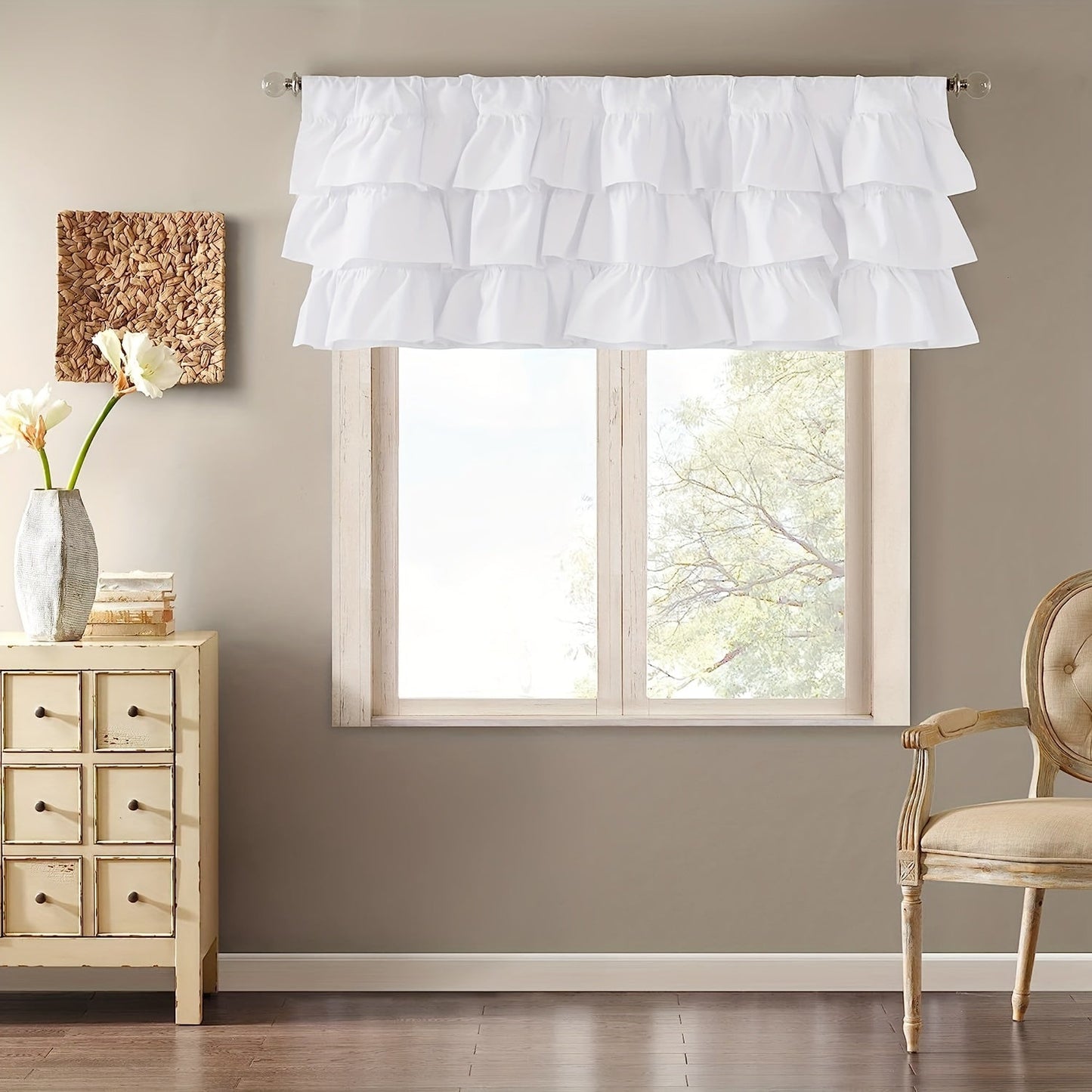 White ruffle print small curtain tiers, made with soft fabric featuring tiered ruffles. Perfect as a cafe curtain valance, these decorative short window drapes are ideal for parties, gifting, and adding charm to any room in your home – be it the kitchen