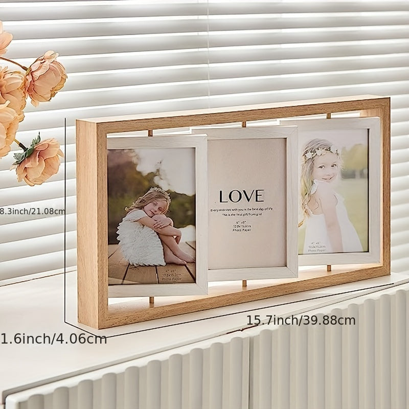 One piece of a wooden double-sided picture frame stand with a tri-fold design that holds multiple photos. Suitable for ages 14 and above.