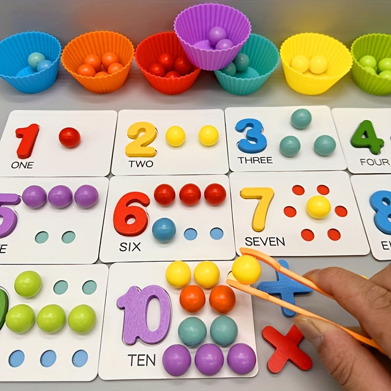 Wooden Number Counting Game for Preschoolers - Educational Math Toy with Beads, Cards, and Tweezers for Cognitive Skills, Age 3+