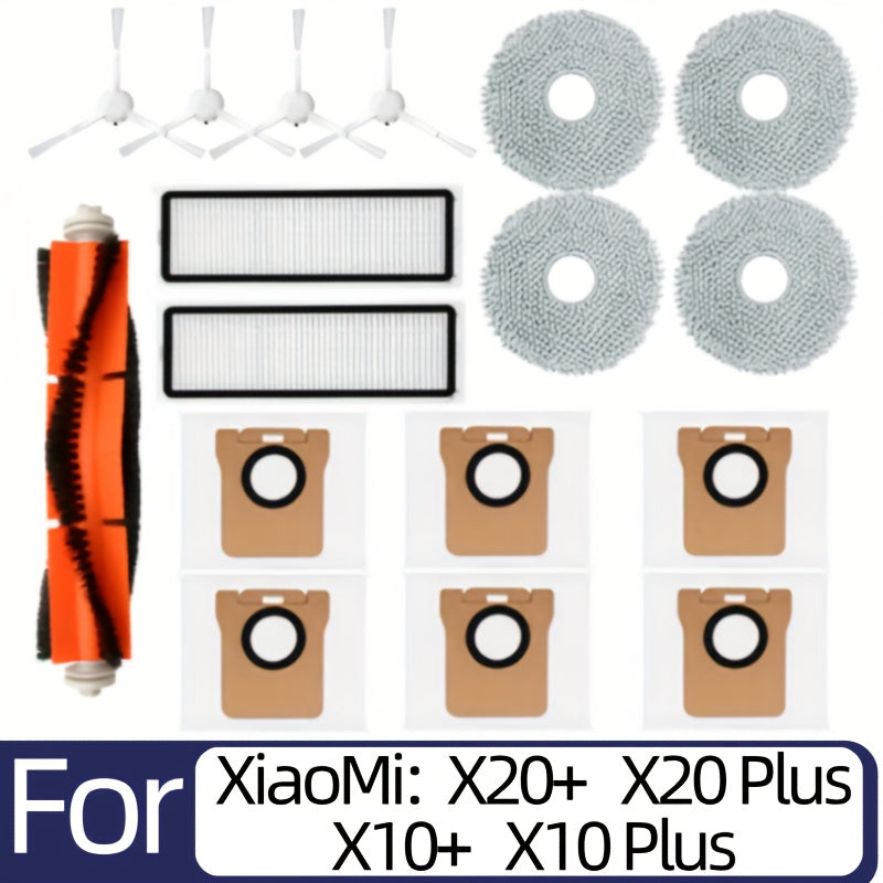 Xiaomi X10+/X20+ Robot Vacuum Cleaner Accessory Kit includes Roller Brush, Side Brush, Filter, Mop Pads & Dust Bags.