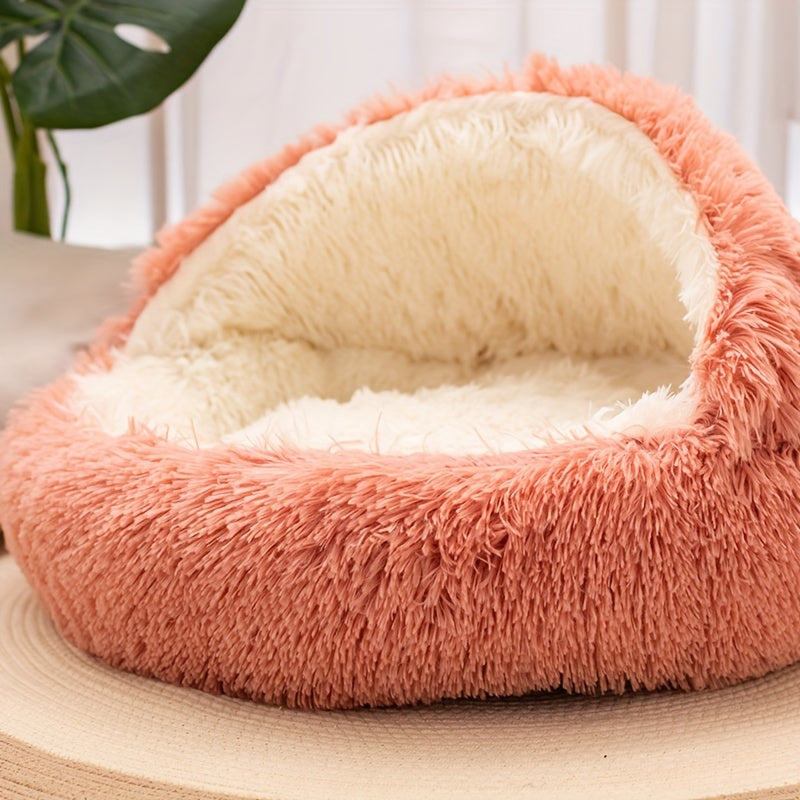 Plush long-haired small animal bed with detachable cover. Round, fluffy and comfortable for cats and dogs. Keeps pets warm in winter, improves sleep quality. Non-slip and foldable support