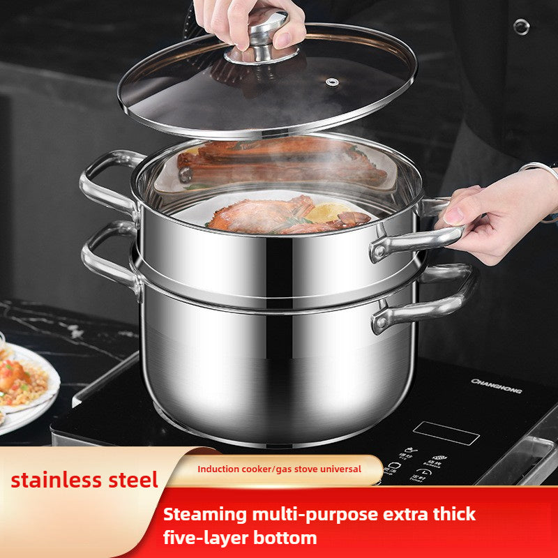 Stainless Steel Steamer Pot with Double Layer Basket, 21.84cm Size for Induction Cooktop and Gas Stove, Versatile Household Soup Pot for Cooking, Deep-Frying, and Hot Pot - Essential Kitchen Tool