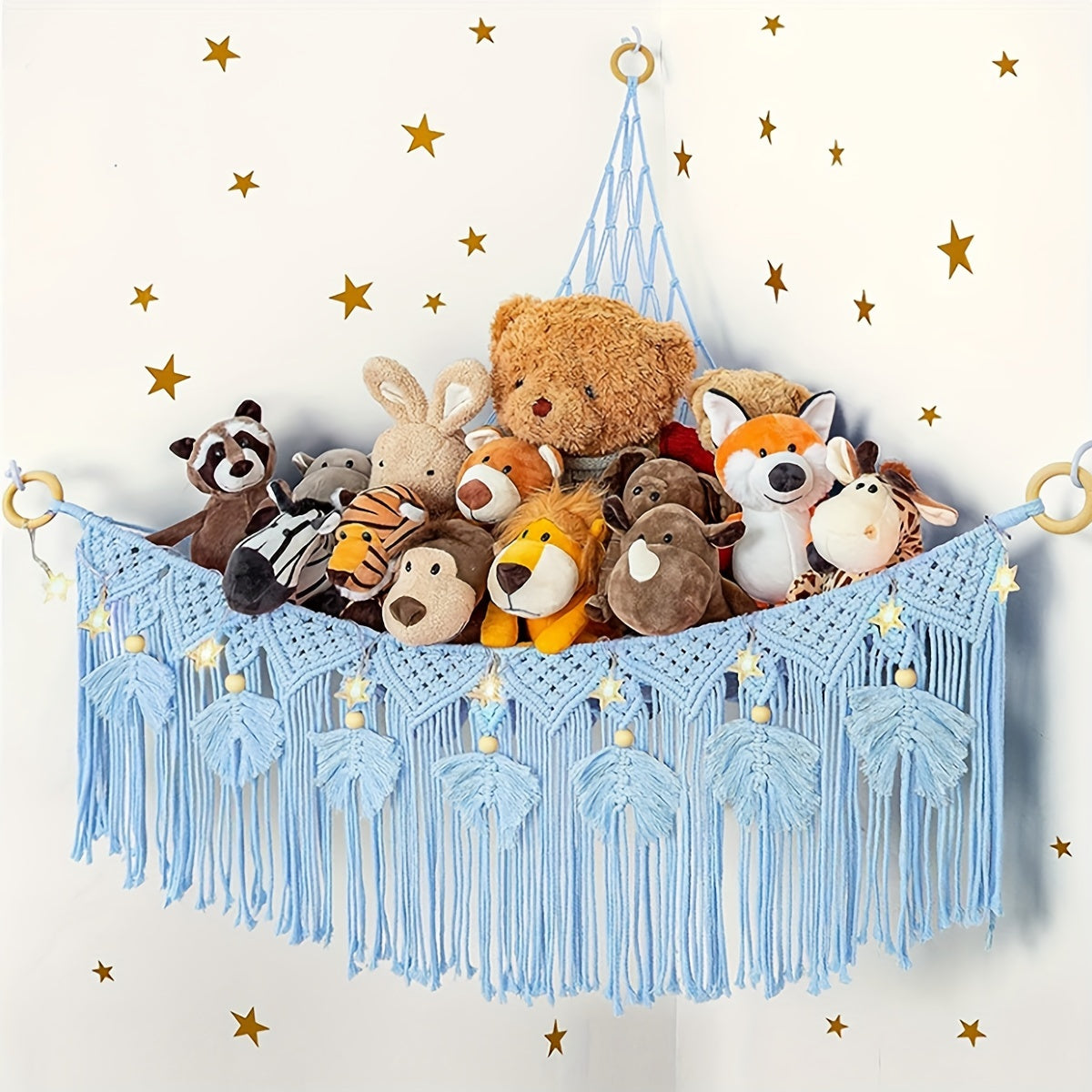 Colorful plush animal storage net for youngsters' room organization, handcrafted triangle toy hammock.