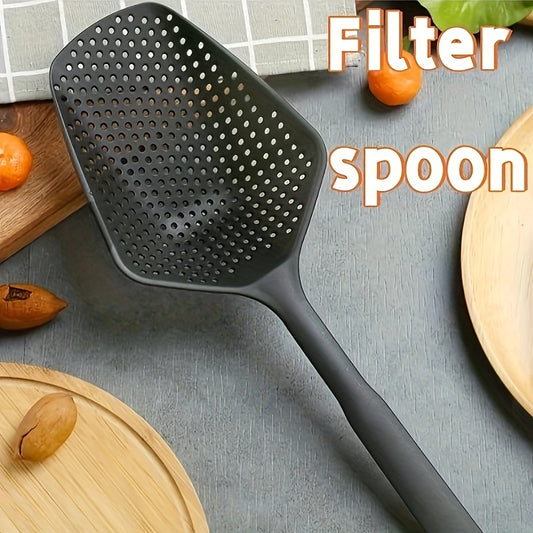 Sturdy plastic filter spoon for cooking, with handle drainage and ice shovel, versatile for blanching, hot pot, and frying. Ideal for industrial food supply.