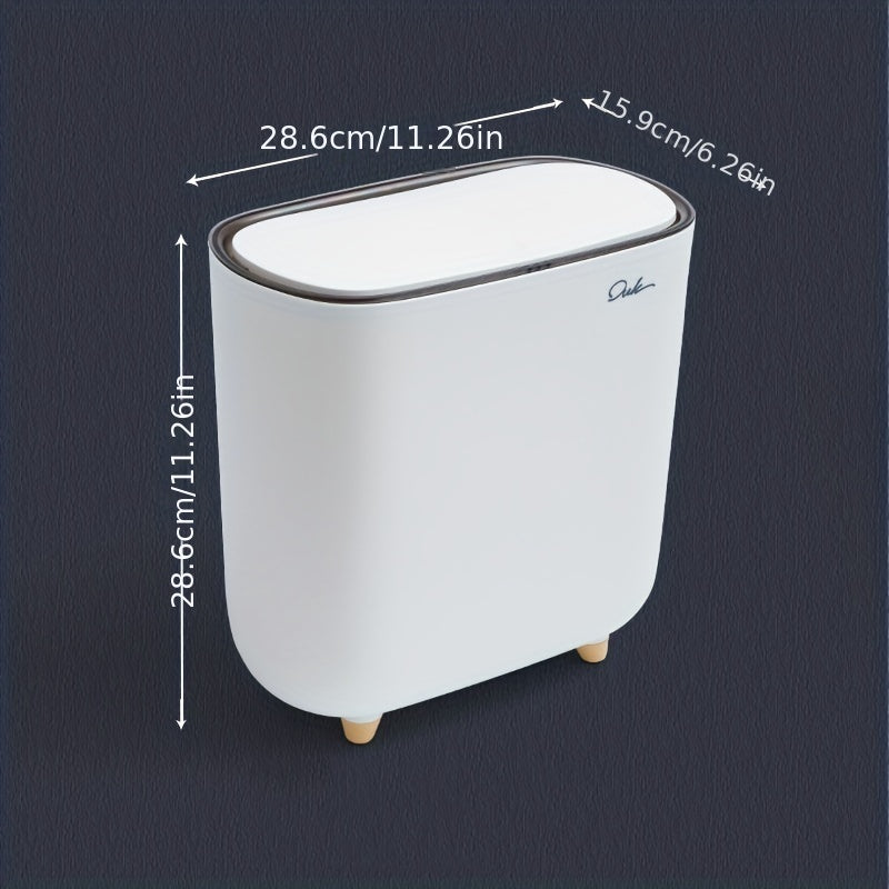 Slim plastic trash can with lid for small spaces, ideal for bedrooms, bathrooms, and living rooms.