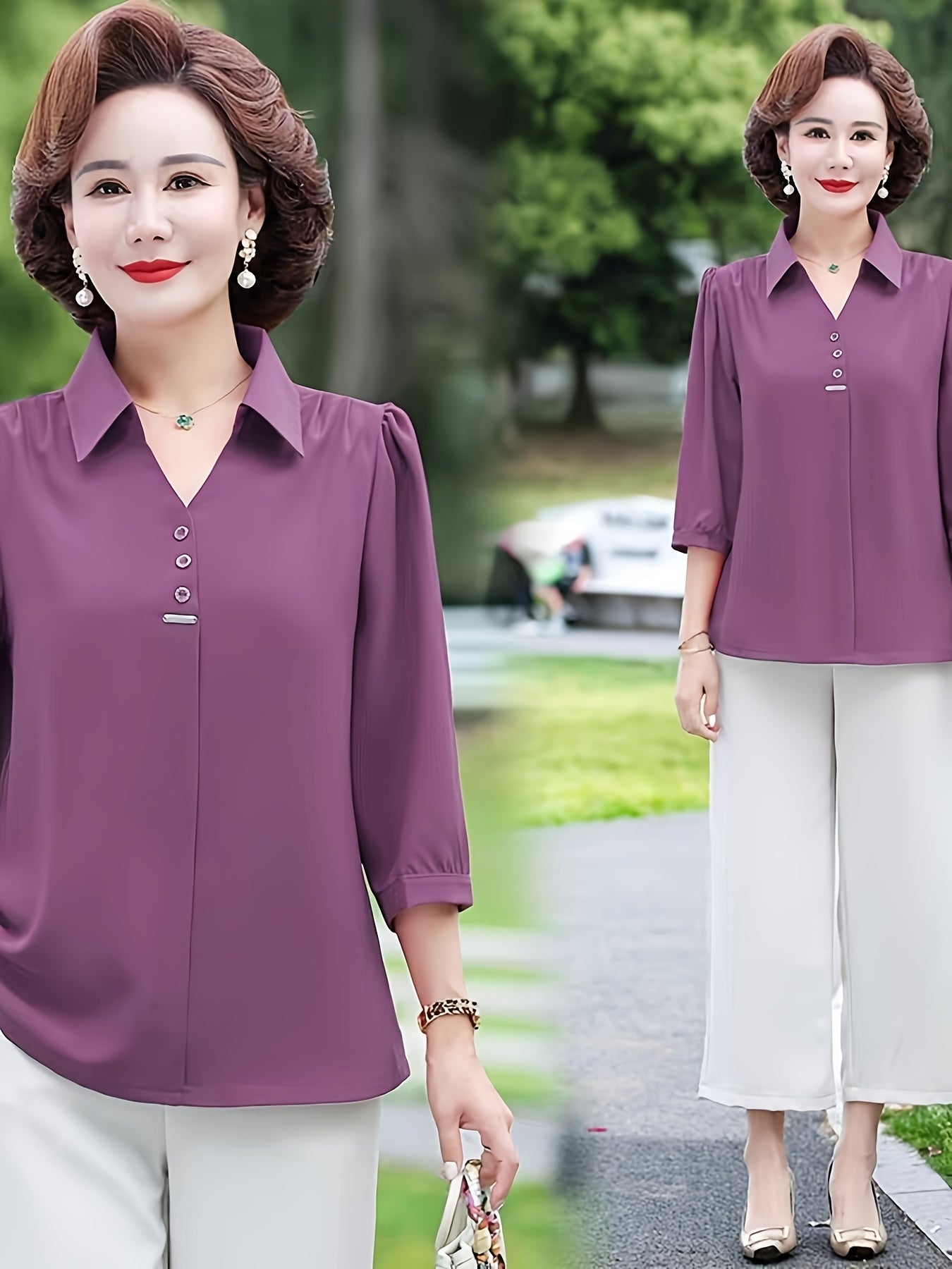 Stylish purple chiffon blouse for women with 3/4 sleeves, slimming fit, and decorative buttons. Made of lightweight polyester-elastane blend, perfect for spring, summer, and fall. Features