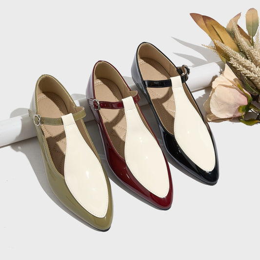 Women's French color-block Mary Jane flats with pointed toe buckle closure and lightweight solid color. Features TPR sole, comfortable soft upper & insole, and fashionable green design.