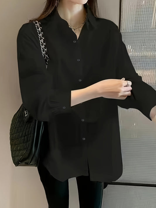 Women's Elegant Black Shirt with Belly Support, Long Sleeve, Lapel Collar, and Single Breasted Placket. Made of 95% Polyester and 5% Elastane. All-Season Loose Fit Casual Top.