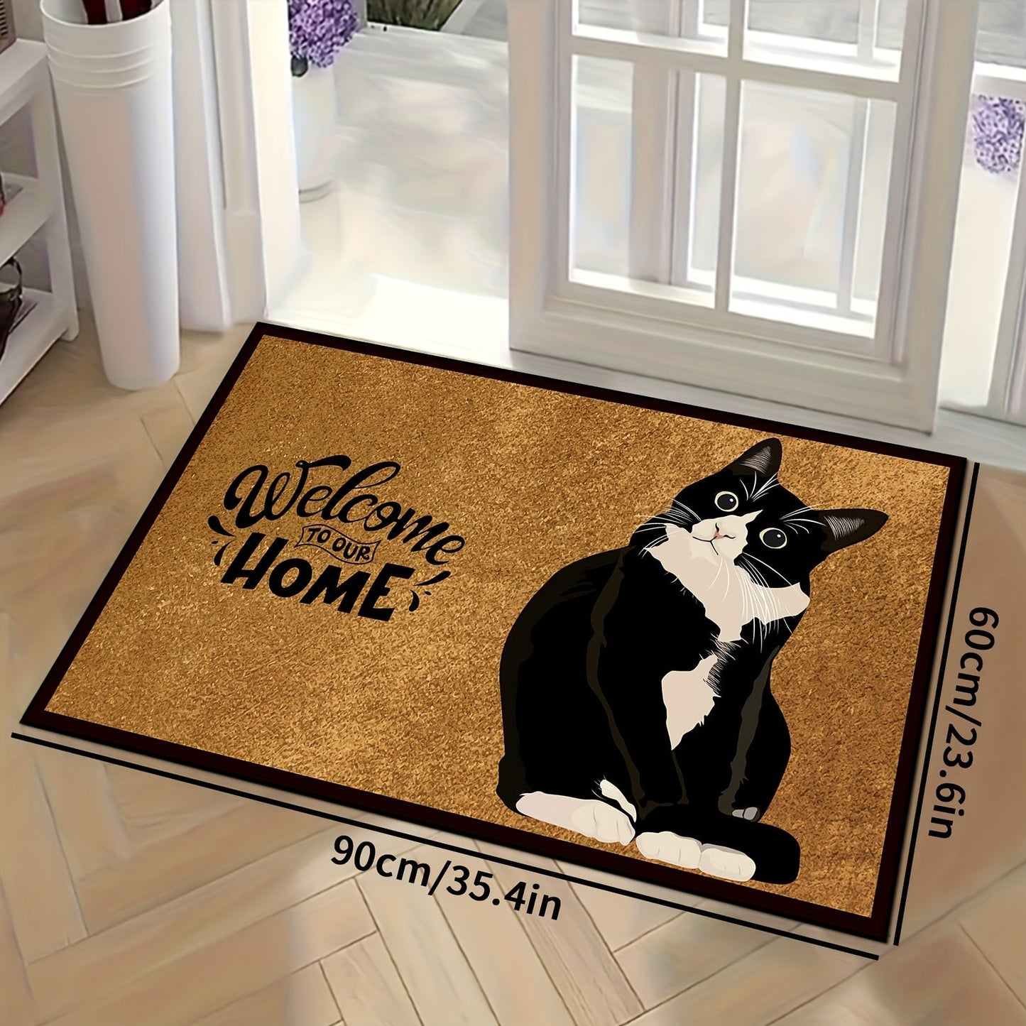 Retro Black & White Cat Welcome Doormat - 1 Piece, Made of Polyester Blend, Easy to Clean in the Washing Machine, Non-Slip Entryway Rug Ideal for Home Gaming Room Decor