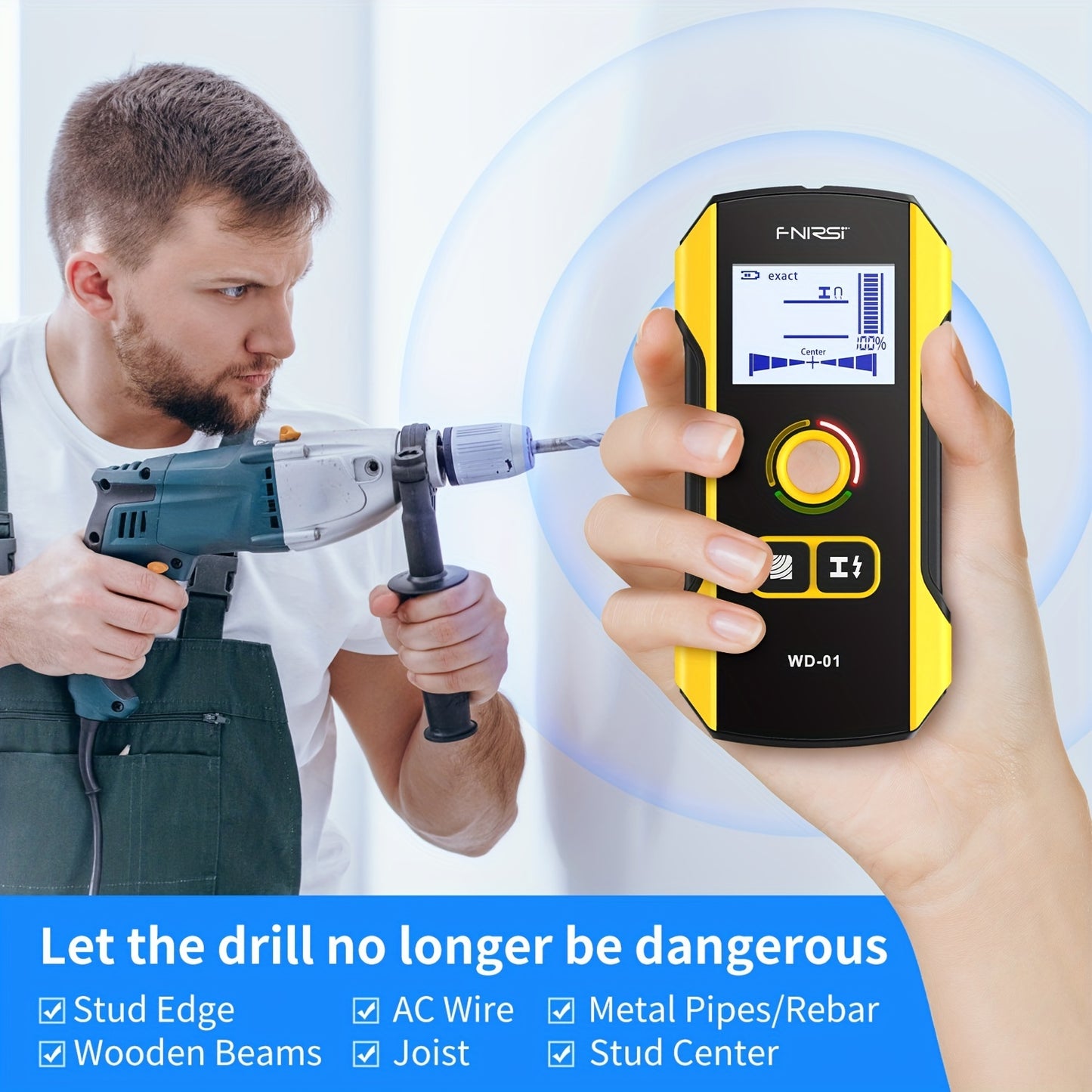 FNIRSI WD-01 Wall Detector Scanner with LED Digital Display and USB Charging. 0.1 Measurement Accuracy for Construction. Detects AC Live Cable Wires and Metal/Wood Studs. Made of Black ABS