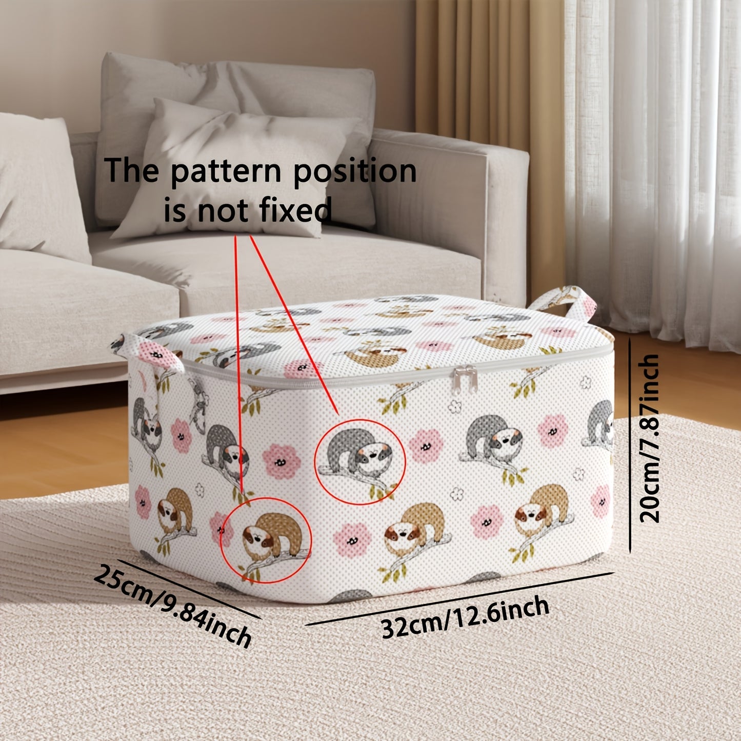 Large capacity storage bag made of non-woven material with handle, suitable for travel and can store various items like clothes, blankets, and toys.